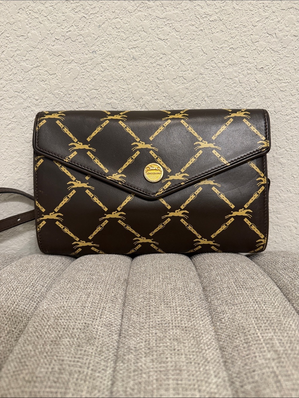 Longchamp Brown Crossbody with Gold Chain-Link Motif